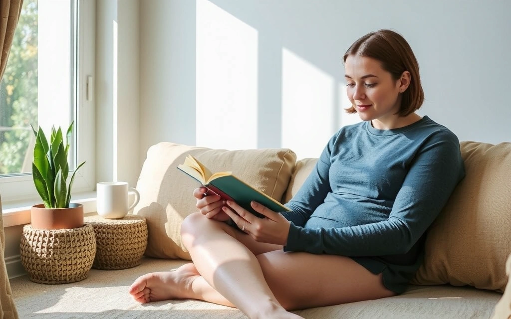 A person reading a book in a cozy, sunlit corner