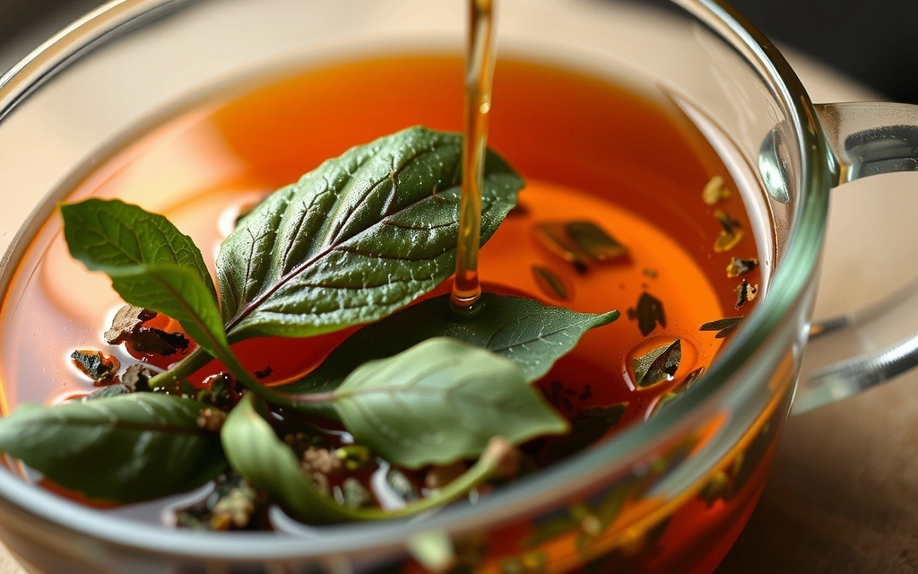 Herbal tea being brewed with fresh herbs and a gentle steam
