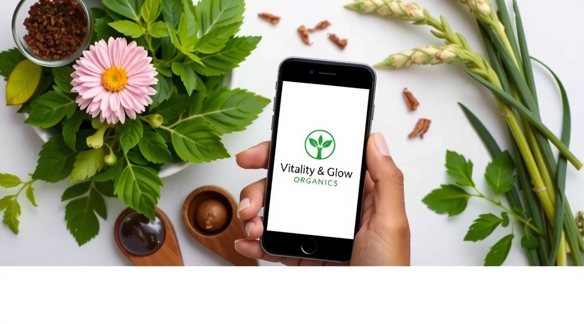 A hand holding a smartphone with Vitality & Glow Organics logo on screen, surrounded by natural ingredients like herbs and flowers.