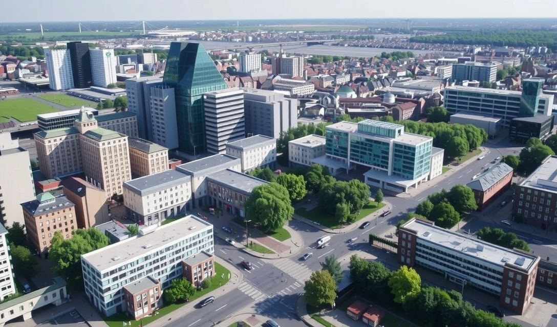 An aerial view of London Wall, showing modern buildings and green spaces, indicating the location of Vitality & Glow Organics office.