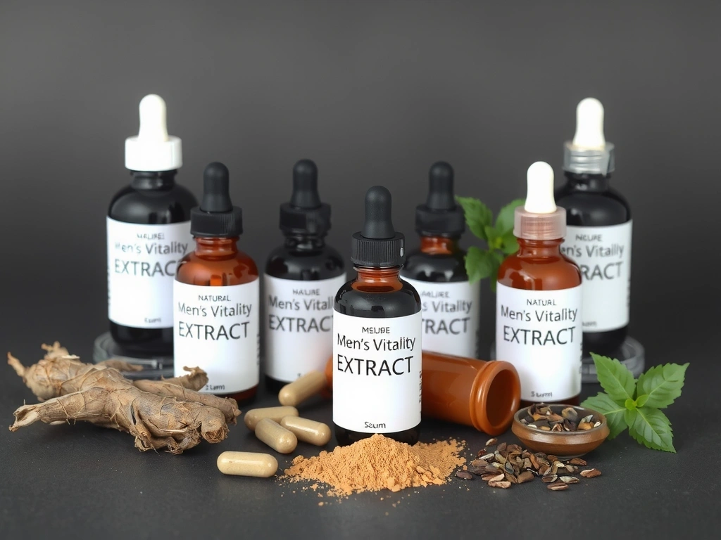 Collection of men's vitality extracts bottles and natural ingredients