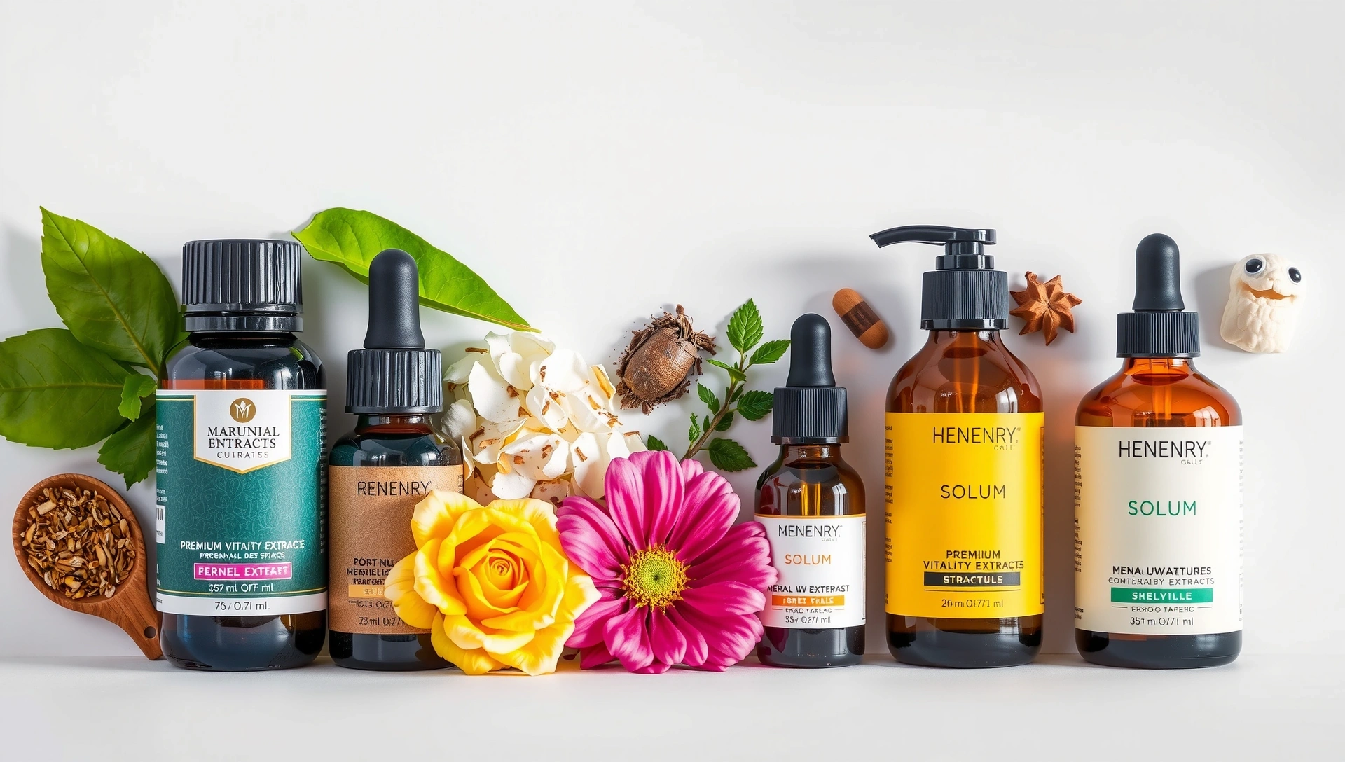 Elegant display of natural botanical ingredients and premium skincare products for men and women