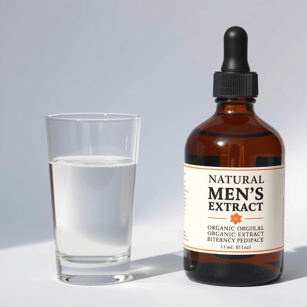 Organic Men's Vitality Extract bottle with water glass