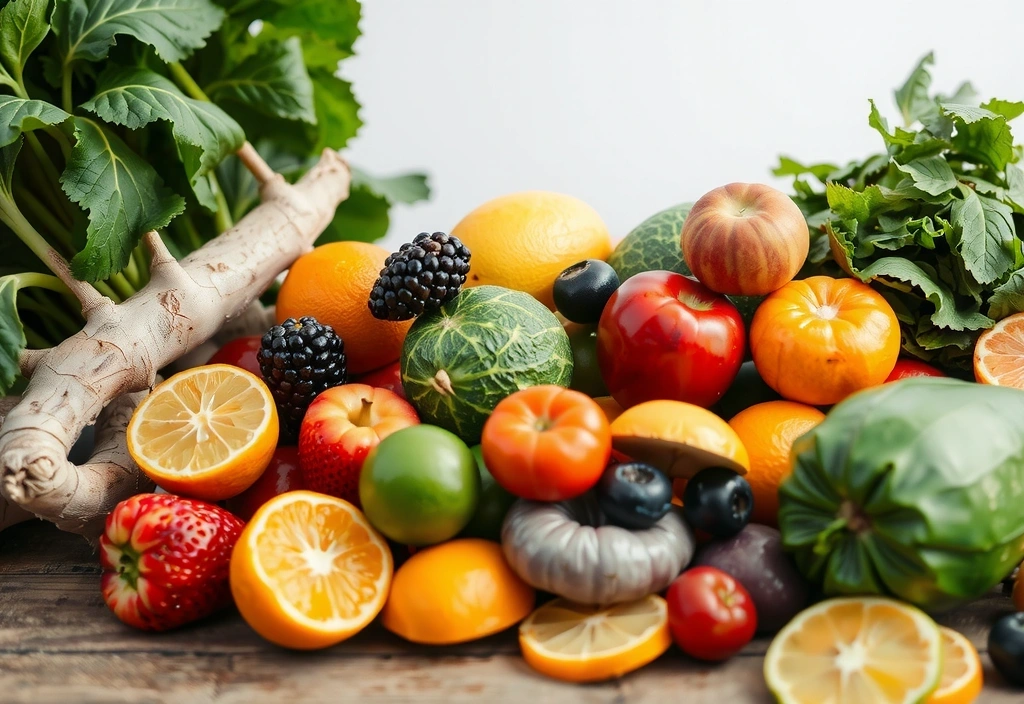 A vibrant array of colorful organic fruits and vegetables, representing healthy ingredients.
