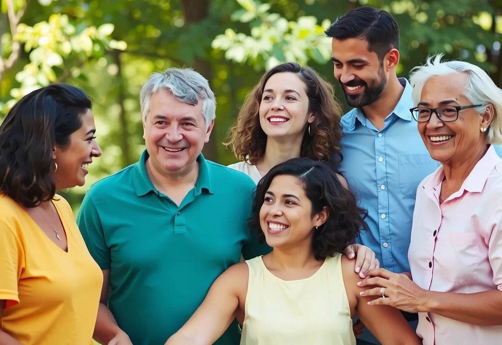 A diverse group of people smiling and interacting in a natural setting, showing community and well-being.