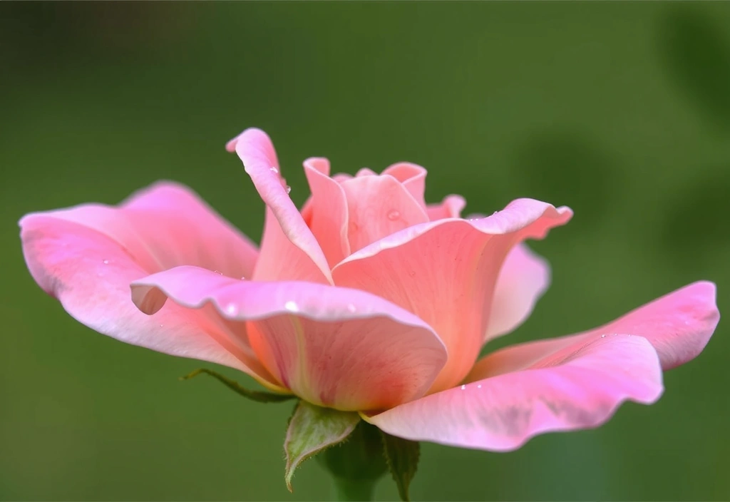 Close-up of a dew-kissed rose petal, symbolizing delicate natural beauty.
