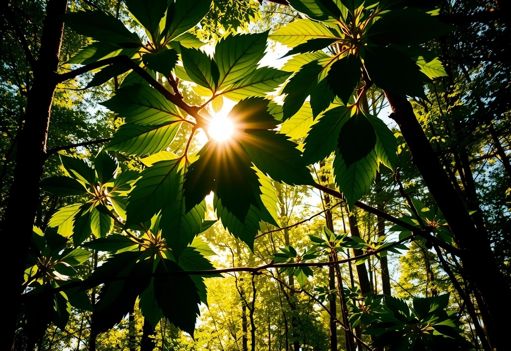 Sunlight filtering through lush green leaves, representing renewal and natural energy.