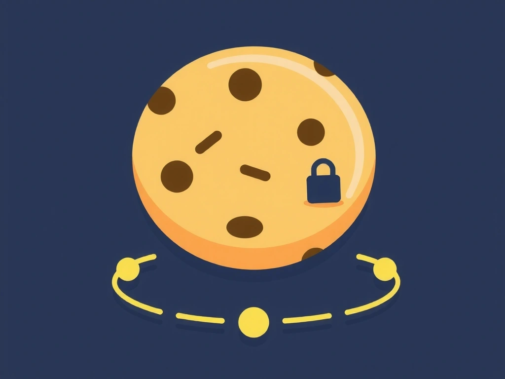 A stylized cookie icon with a small padlock and various data flow lines, representing secure and controlled cookie usage for website functionality.