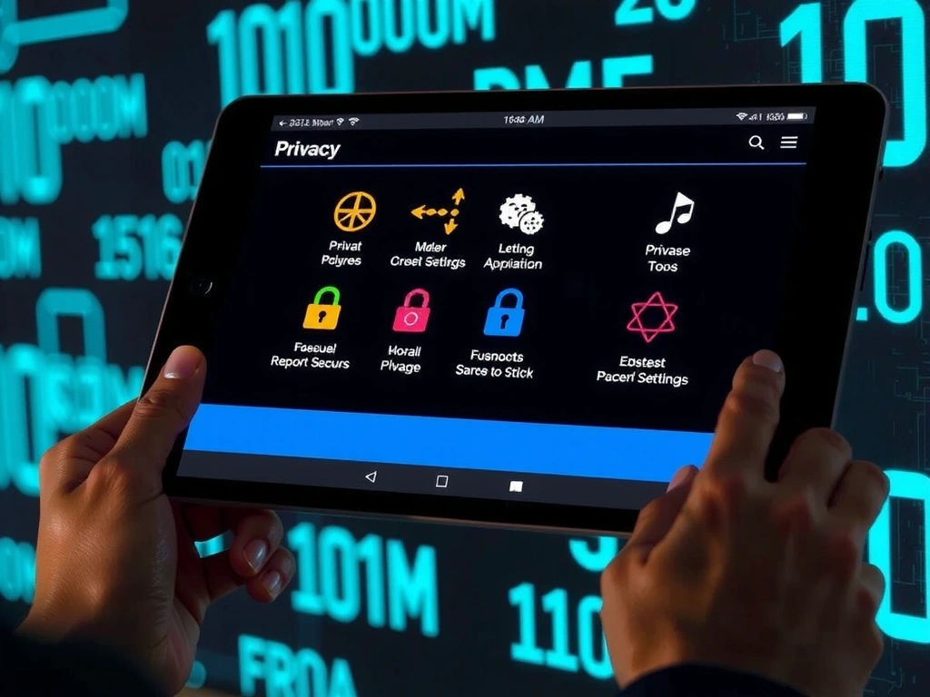A person reviewing privacy settings on a tablet, surrounded by glowing digital data streams, symbolizing data protection and user control.